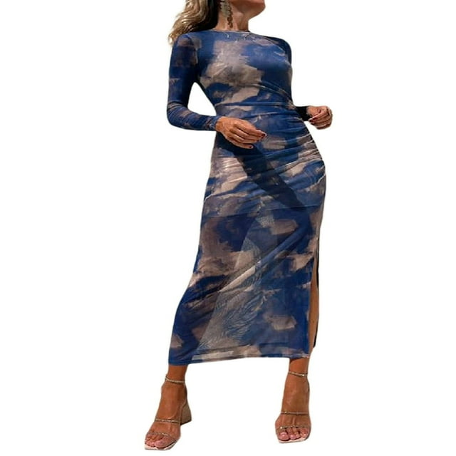 Robe Longue à Manches Longues Imprimé Teinture sur Nœuds pour Femmes Automne
