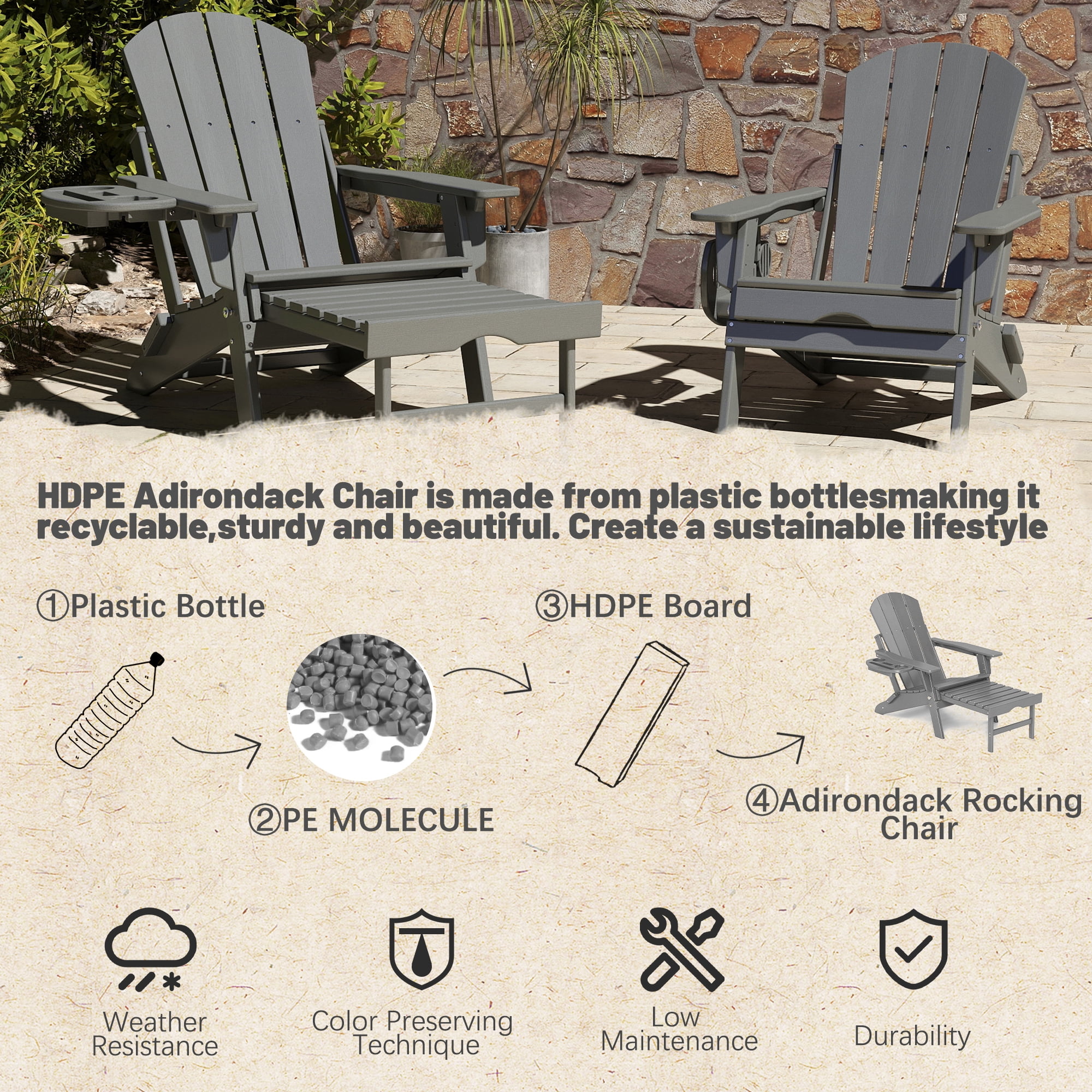 2PCS Folding Adirondack Chair with Retractable Ottoman, HDPE All-Weather Resistant Adjustable Backrest Adirondack Chair w/4 in 1 Cup Holder Trays, Wood Texture Grey