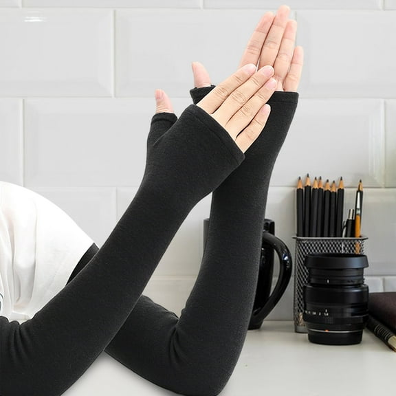 Yesbay 1 Pair Fall Gloves Fingerless Knitted High Elasticity Non-slip Arm Warmers Arm Sleeves Windproof Cycling Arm Covers
