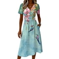 thumbnail image 5 of Watercolor Floral Print Dress for Women V Neck Short Sleeve Dress A Line Midi Casual Summer Outfit Flowy Lightweight Party Wear Vacation Boho Chic Light Green XXXL, 5 of 6