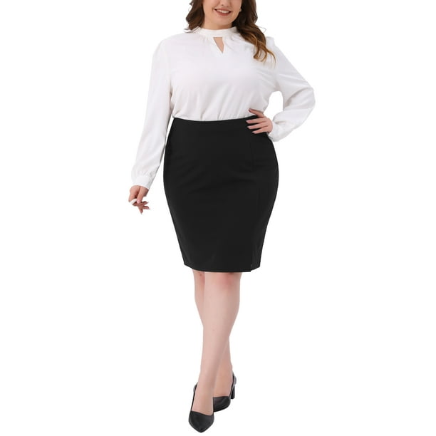 Falda lápiz de talla grande para mujer Agnes Orinda, de cintura alta, elástica, con abertura lateral, ajustada, para negocios, falda midi con cremallera trasera 3X negra