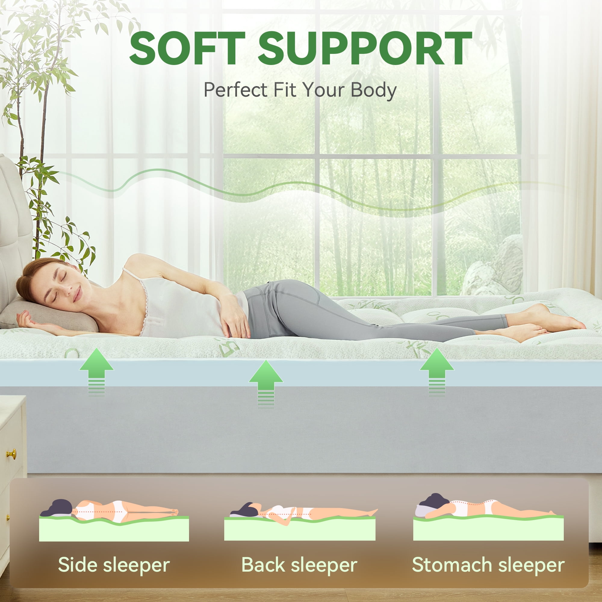 BDEUS Dual Layer 5 inch Memory Foam Mattress Topper, 3 inch Bamboo Mattress Pad Cover and 2 inch Gel Memory Foam for Back Pain,Twin Size