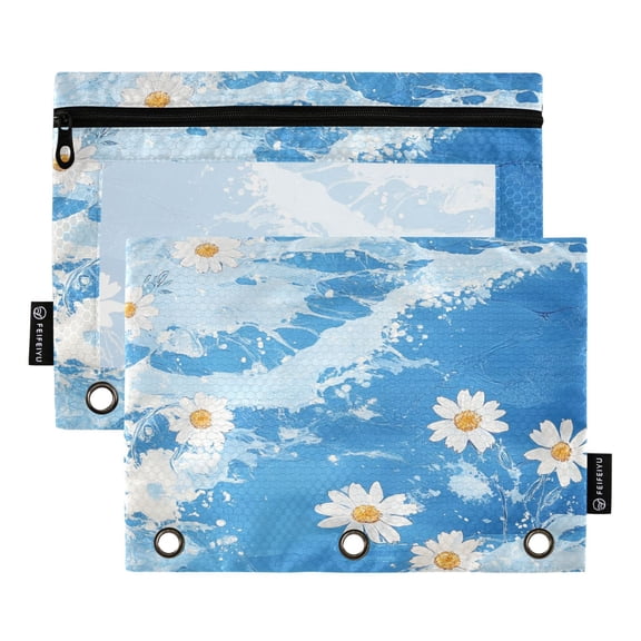 2 Pack 3 Ring Binder Pouch with Clear PVC Window Water Resistant Zipper Pencil Pouch Bellis Perennis Binder Pocket for Classroom Office Home Stationery Organization
