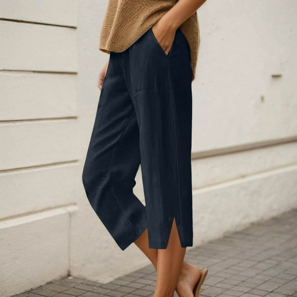 WILLBEST Pantalones Casuales de Lino Ligeros Para Mujer, Capri de Verano Para Mujer, Pantalones Cortos de Playa de Pierna Recta Con Bolsillos, Hasta La Rodilla, Estilo Exterior, Cómodos y Elegantes.