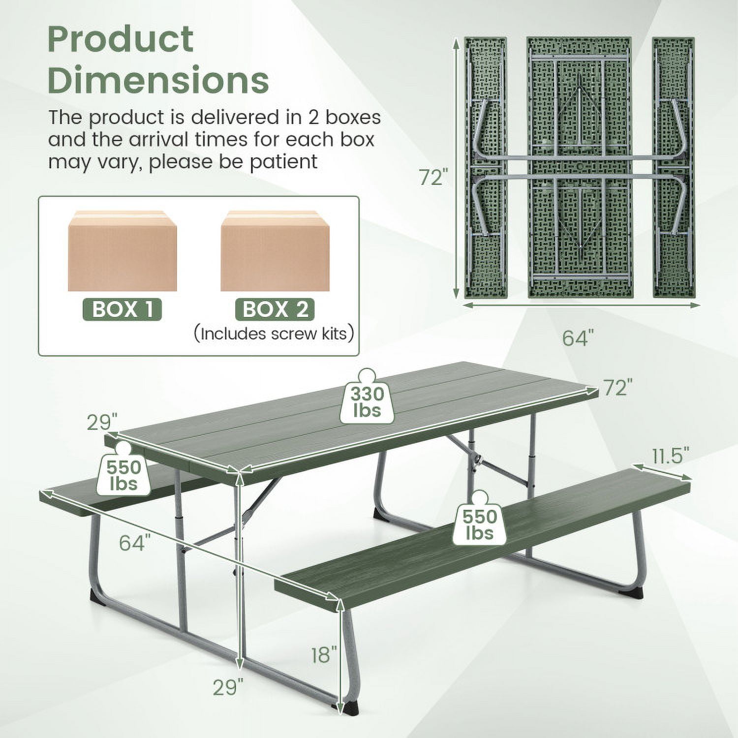 Aimee Lii Folding Picnic Table Set with Metal Frame and All-Weather HDPE Tabletop Umbrella Hole, Outdoor Patio Furniture, Green