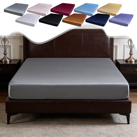 FEOLGEHLY Summer Cooling Ice Silk Satin Fitted Sheet, Dust Proof Washable Mattress Protector, Elastic Edge Non Slip Bed Cover Stain Resistant Wrinkle Resistant No Fade Washable, 79x59 in (Gray)