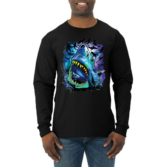 Great White Shark Species in Ocean | Mens Fishing Long Sleeve T-Shirt, Black, Small