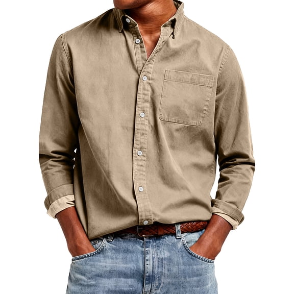Men's Denim Shirt Long Sleeve Button Down Shirts Stretch Collared Dress Pocket Solid Color Casual Work Slim Fit Lightweight Tops