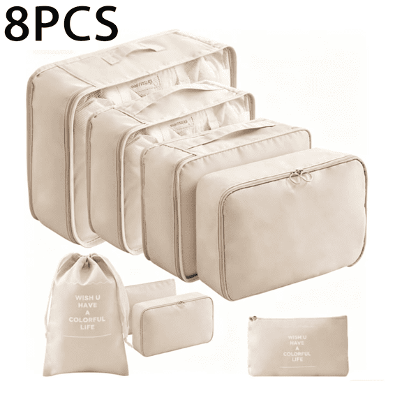 8-Piece Travel Organizer Set, Luggage Organizer, Includes Shoe Bag and Toiletry Bag, Lightweight Luggage Organizer, Washable Laundry Bag (Beige)