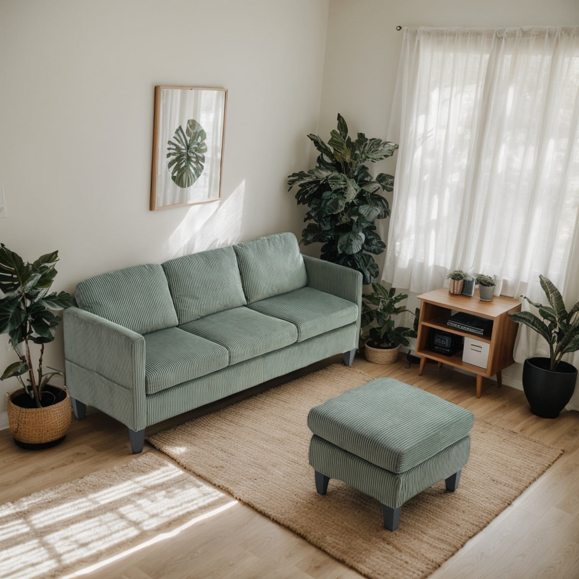 BSHTI 88.18" Corduroy L-Shaped Sectional Sofa with Memory Foam, Storage Chaise, Square Arms for Living Room（Olive Green）