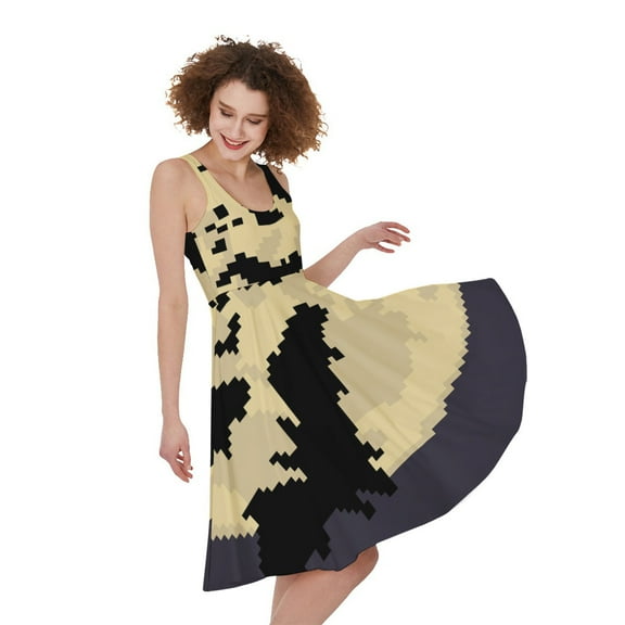 8-Bit Pixel Halloween Bat Print Sleeveless Knee Length Dress, Halloween Decorative Fashion Summer Maxi Dress For Women