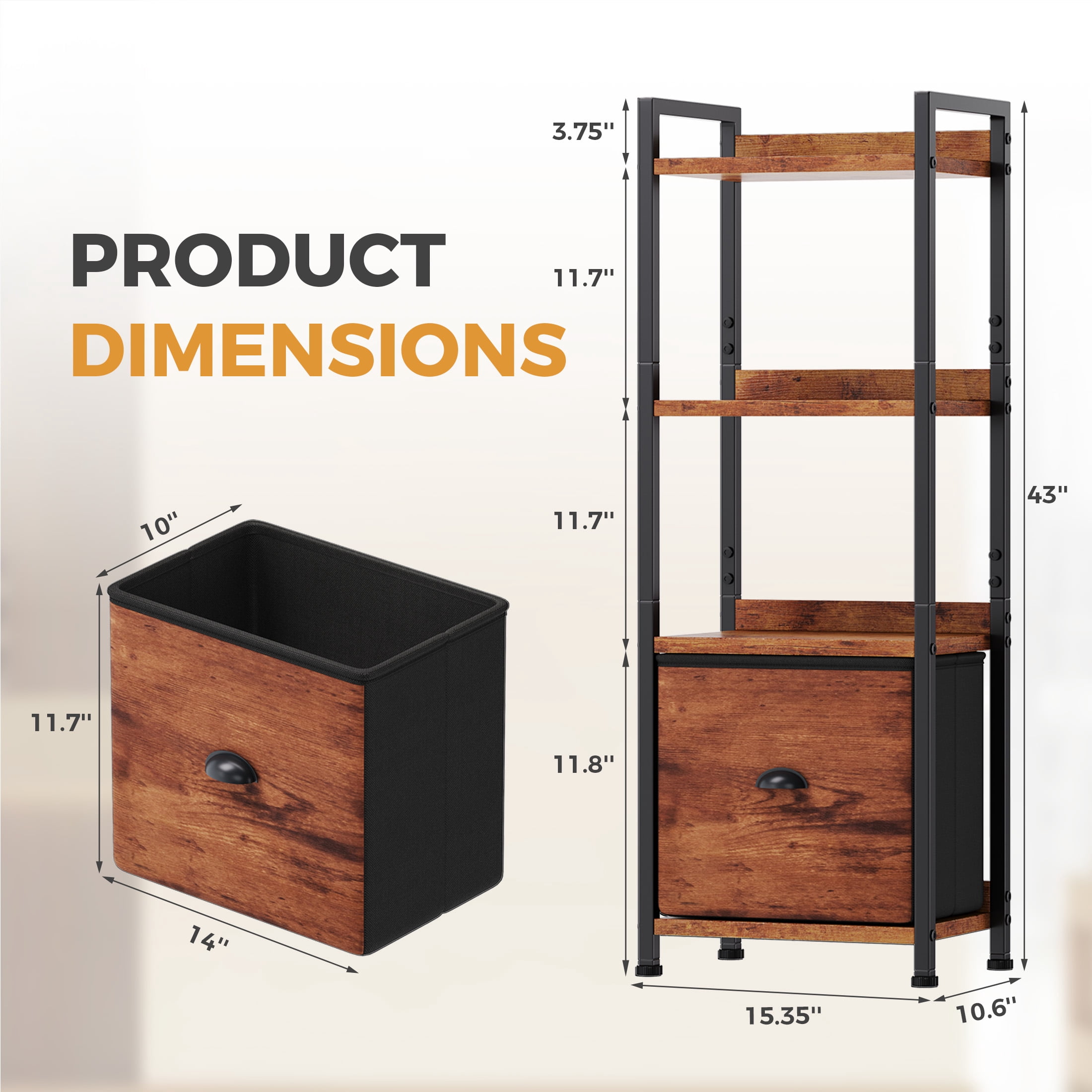EDX 4 Tier Bookshelf with Drawer, 43''Tall Narrow Bookcase with Shelves, Industrial Display Standing Shelf Unit for Bedroom, Living Room, Rustic Brown