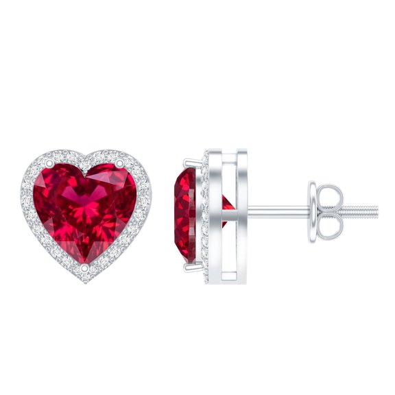 Rosec Jewels Certified Lab Grown Ruby Heart Stud Earrings 4 Ct - AAAA Grade - Ruby Earrings with Moissanite Halo - with Jewelry Box, 925 Sterling Silver