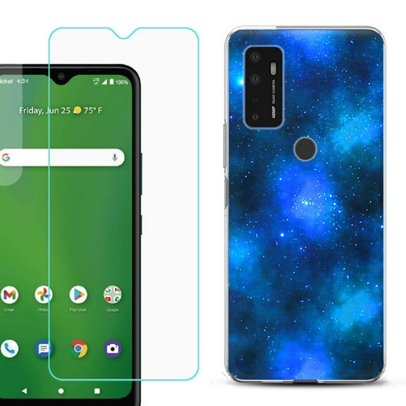 Slim-Fit Gel TPU Phone Case for Cricket Dream 5G, with Tempered Glass Screen Protector, by OneToughShield ® - Cosmos/Stars