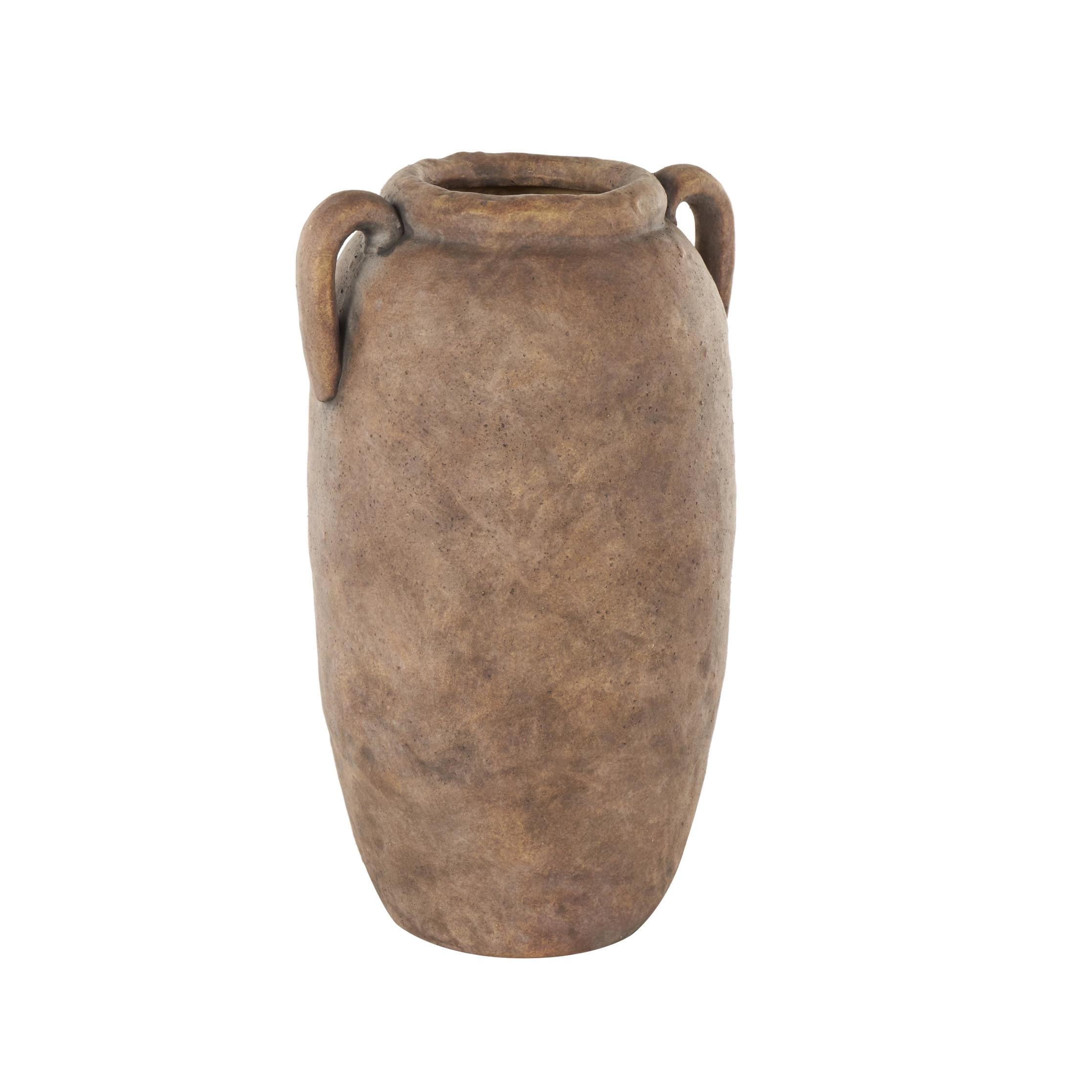 DecMode 17" Antique Style Textured Brown Ceramic Vase with Handles