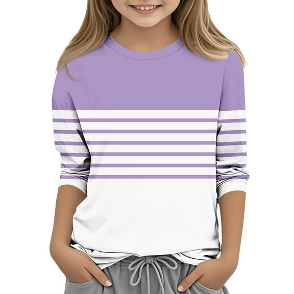 Spazoro Toddler Girls 3/4 Sleeve Shirts, Floral Print Casual Round Neck Spring and Fall Fashionable Tops for Girls Purple Size 4 T