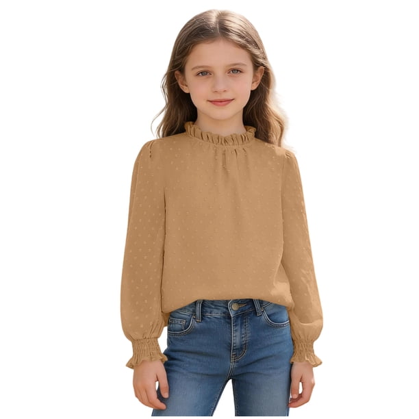 Crop Top Camisas de Manga Larga para las Mujeres Color Sólido Fleece Elástico de Manga Larga Puño Plegado Cuello Dulce Y Adorable Camisas de Niños para Niños Camisas de Manga Larga para Niños