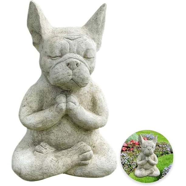 Estatua de Buda con forma de perro de yoga zen, pose de oración coleccionable para decoraciones de jardín zen al aire libre, figura de bulldog sentado de meditación tallada a mano (8 x 10 x 15 cm)