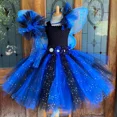 thumbnail image 5 of Vestido de tul de hada azul y negro brillante para niñas, vestido de fiesta de cumpleaños, vestido de princesa con flores de tul, disfraz de Halloween para niños, conjunto de alas, 5 of 5