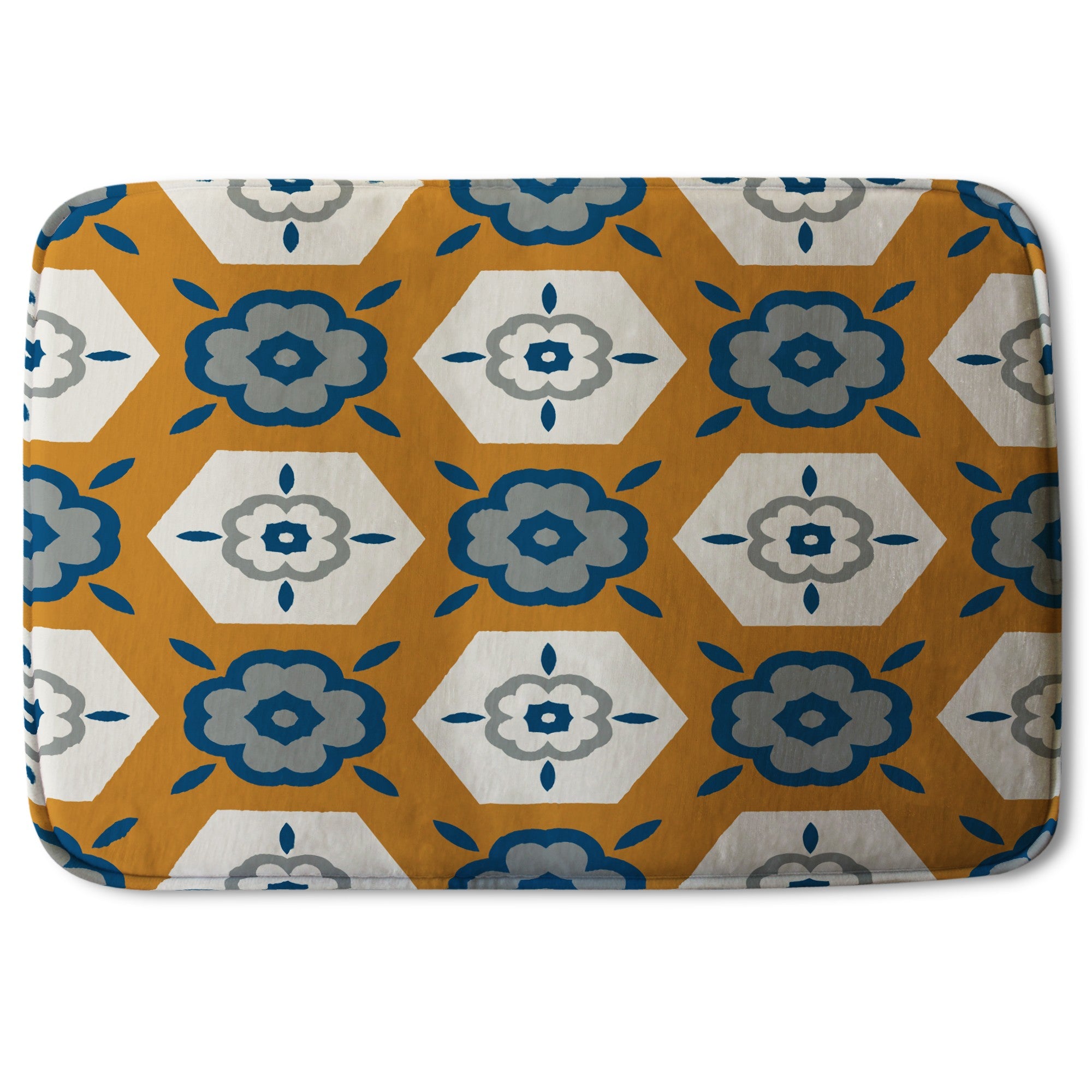 Bathmat Rust orange background with gray, navy blue and beige (Bath