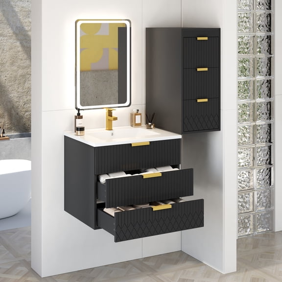 Vanity With Sink 24inch Wall Mounted Floating Cabinet with Side Cabinet Combo, Rectangular Vanity, Small Bathroom Sink With Single Faucet Hole and Overflow, Modern Bathroom Cabinet with Ceramic Basi
