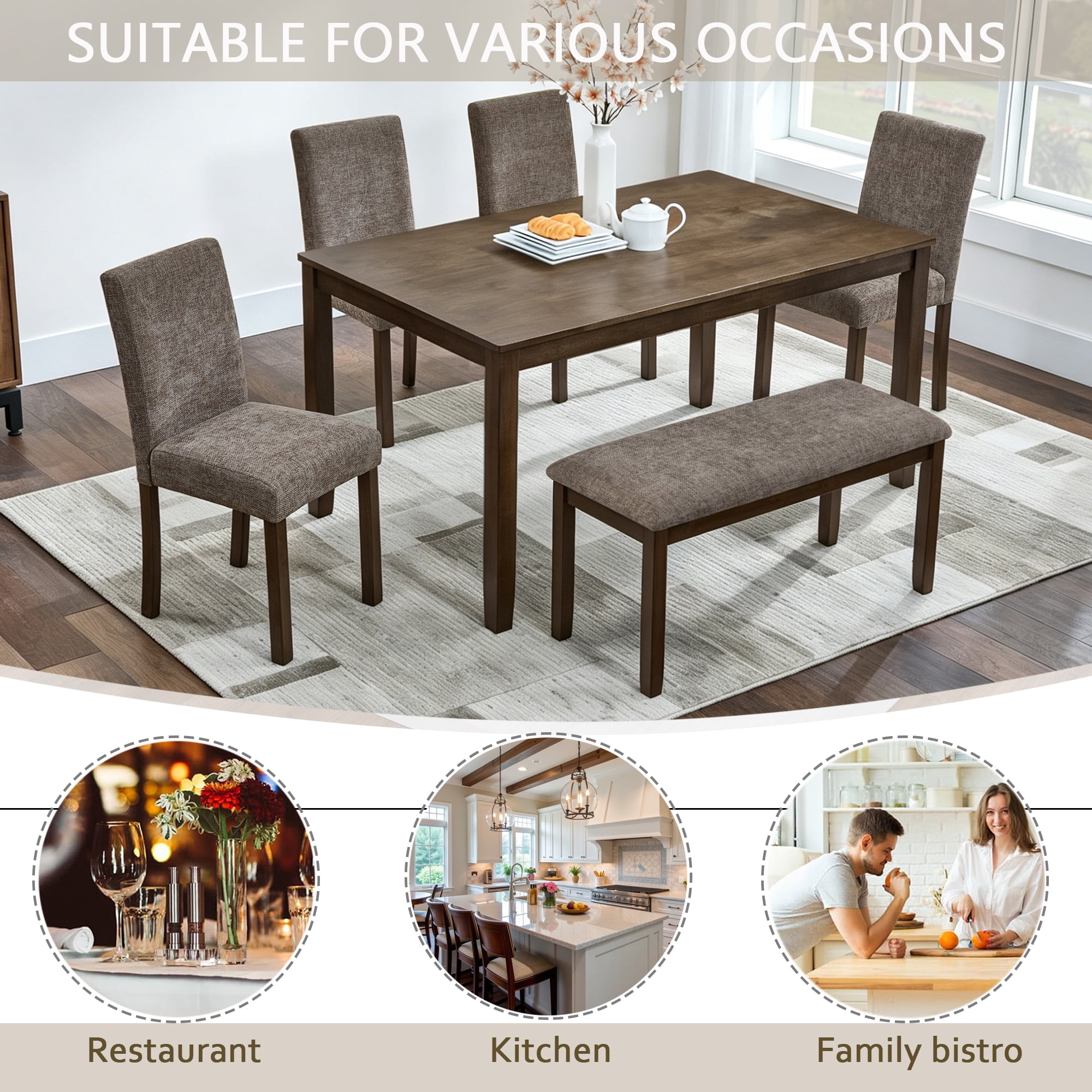 6-Piece Dining Table Set for 6, 58.5" Wood Rectangular Kitchen Table with 4 Chairs & Bench
