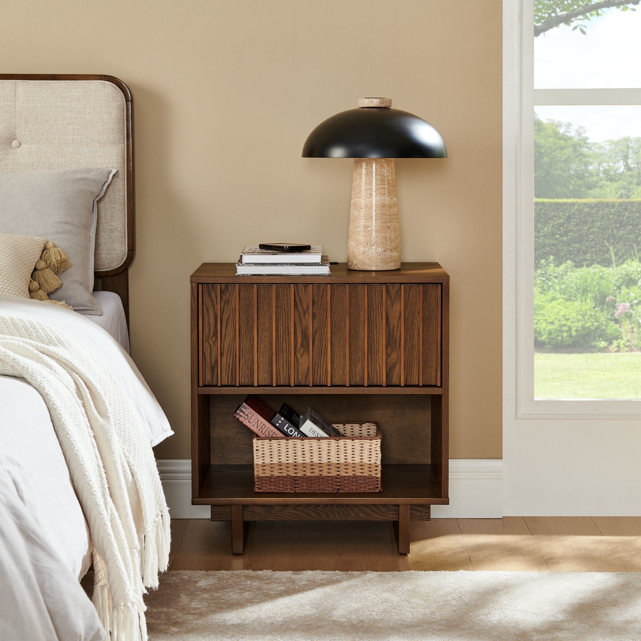 GDF Studio 23.4" Grille Slat Nightstand with Charging Station, Drawer & Open Shelf, Walnut
