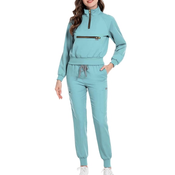 Petite Scrub Sets for Women 2026 Spring Summer Long Sleeve Scrub Top & Jogger Pant Quick Dry Nursing Workwear Stretch Medical Working Uniforms with Pockets Light Blue S