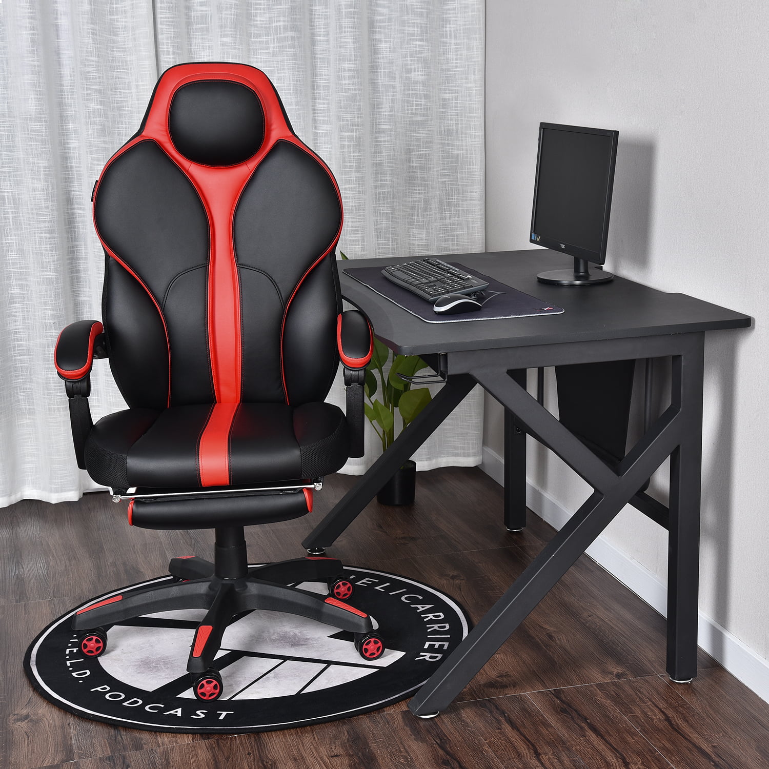 Large Size PU Leather High Back Racing Widen Thicken Seat Retractable Footrest Lumbar Support Grey Ergonomic Computer Gaming Office Chair