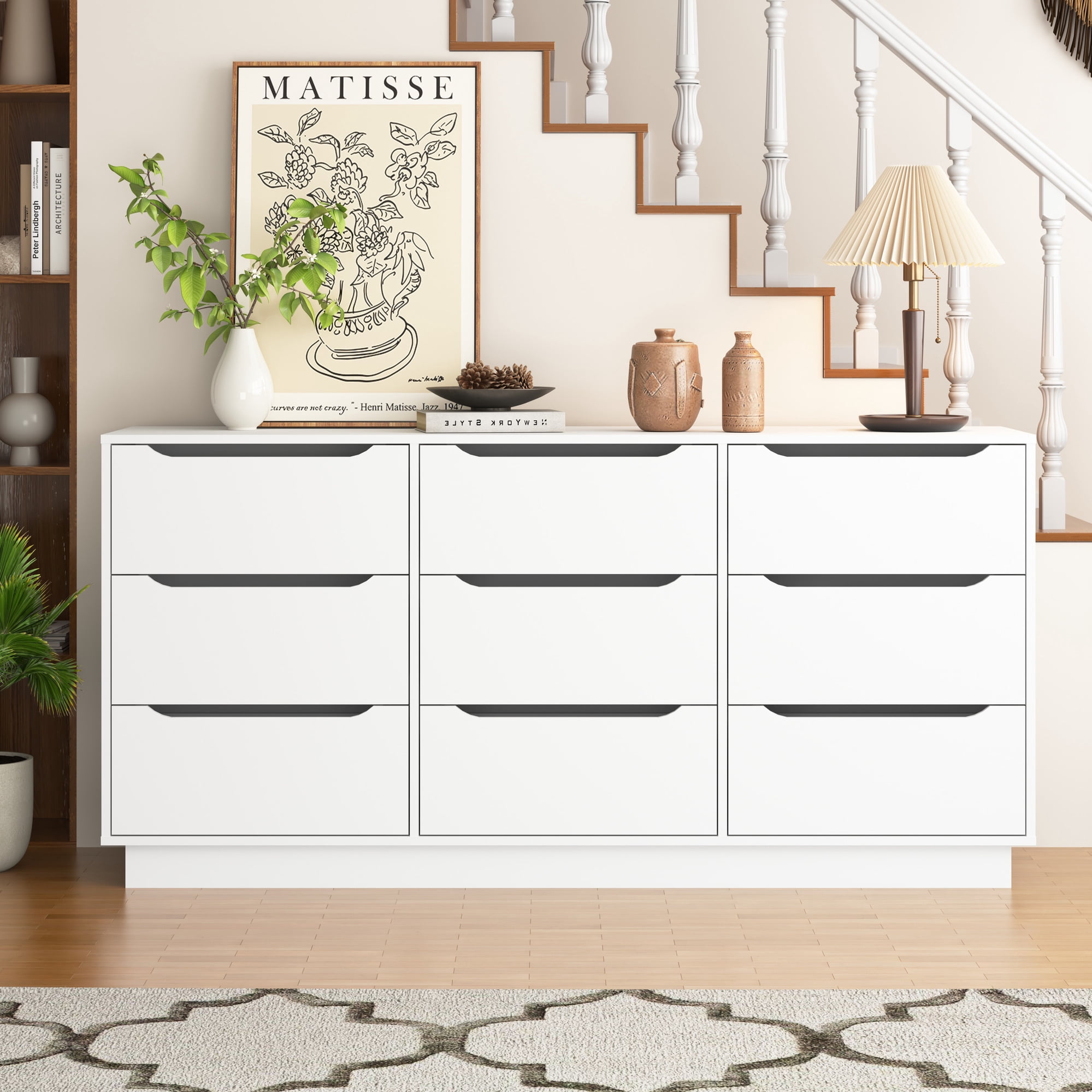 Noble House 63" Wide 9-Drawer Dresser, Storage Chest with Handleless Design for Bedroom, Living Room, White