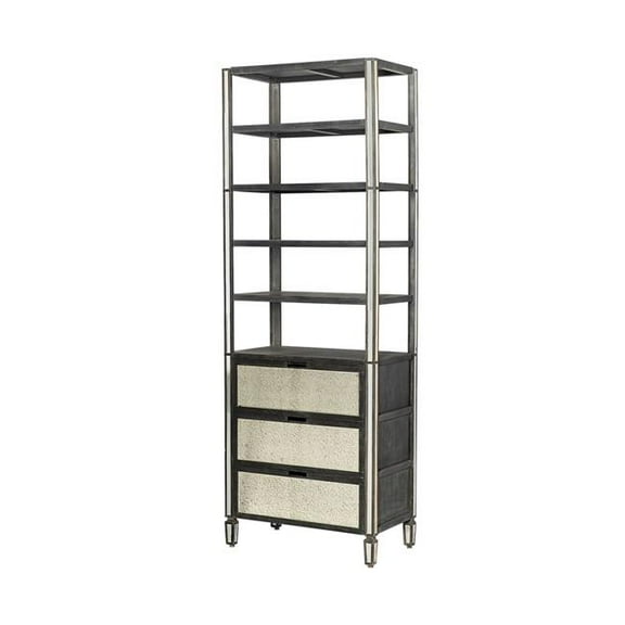 HomeRoots 611031 32 in. Dark Brown Solid Wood & Mirrored Glass Four Tier Bookcase with Three Drawers