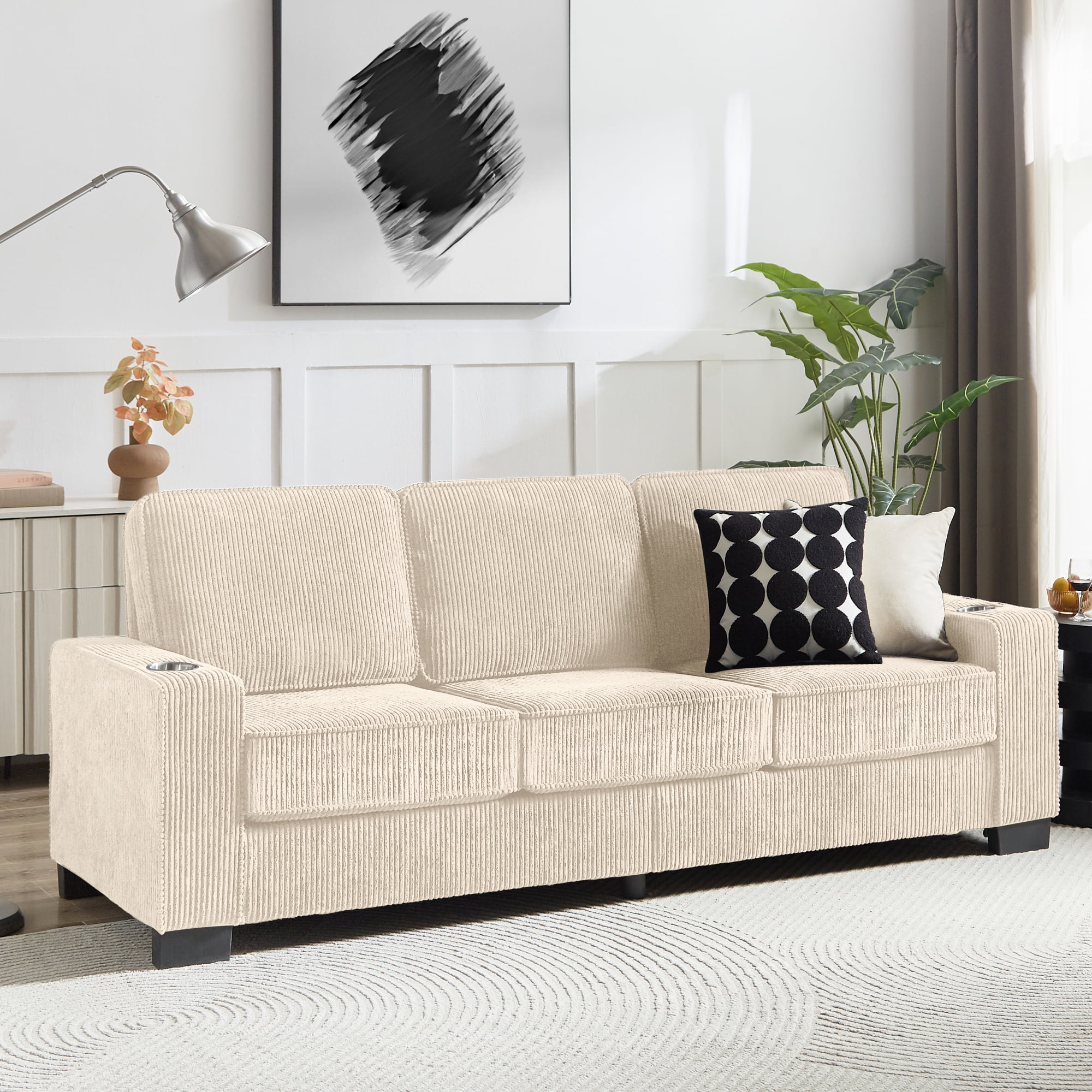 Leumius 83.86" Corduroy Sofa,3 Seater Sofa Couch with Deep Seats,Armrests and Cupholders for Living Room, Bedroom, Apartment, Office,Beige