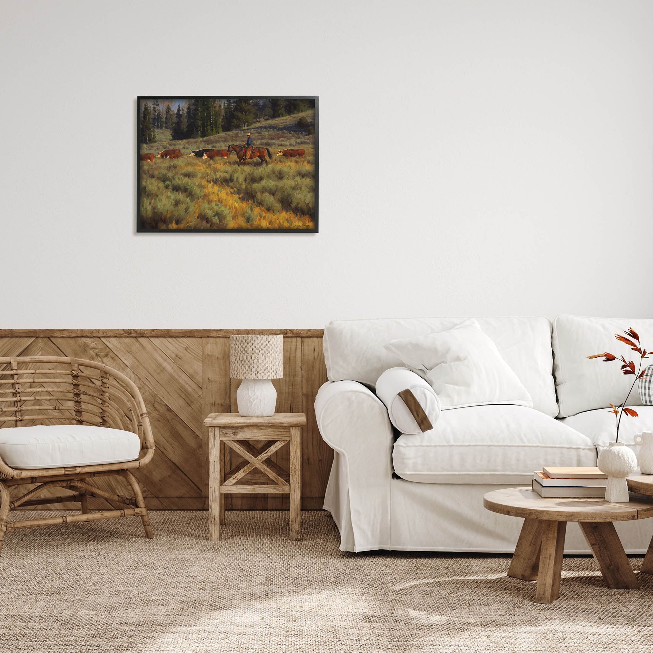 Cowboy Leading Cattle Meadow Animals & Insects Painting Black Framed Art Print Wall Art