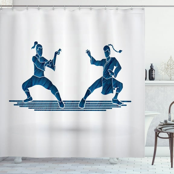 Kung Fu Shower Curtain, Hatched Grunge Sketchy Silhouette Design Warriors against Each Other, Fabric Bathroom Set with Hooks, 69W X 70L Inches, Night Blue and Pale Grey, by Ambesonne