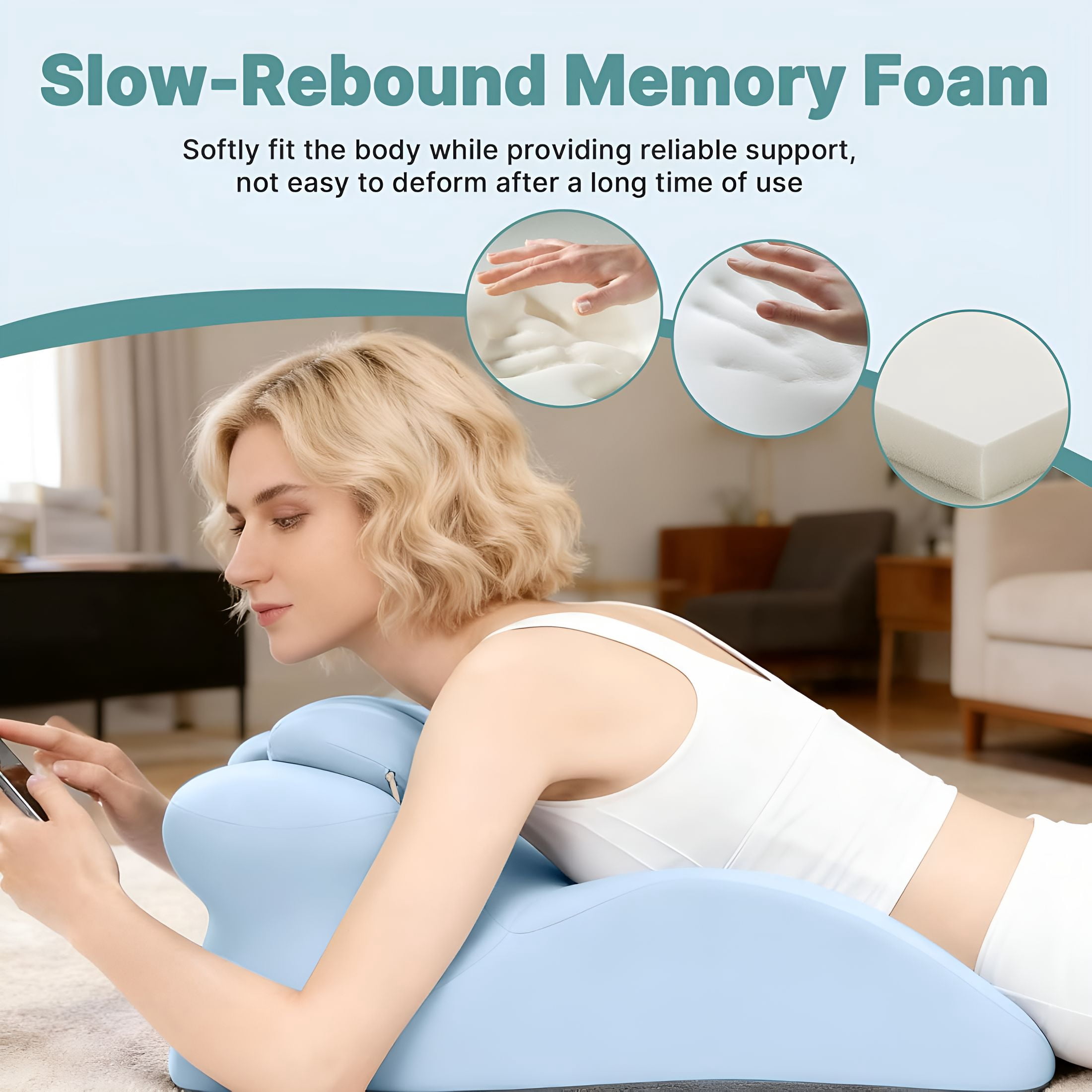 XIBUFE Ergonomic Memory Foam Wedge Pillow,Back and Neck Support Cushion,Bed Rest Reading Pillow for Sitting,Watching Tv and Home Comfort(Blue)