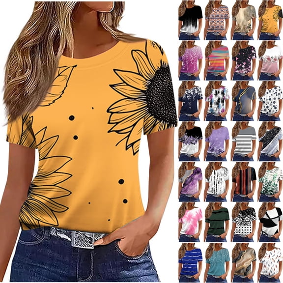 JTZGDY Womens Tops Loose Fit Casual Short Sleeve Round Neck Boho Floral Printed T-Shirts Trendy Oversized Basic Tunic Blouse Yellow M