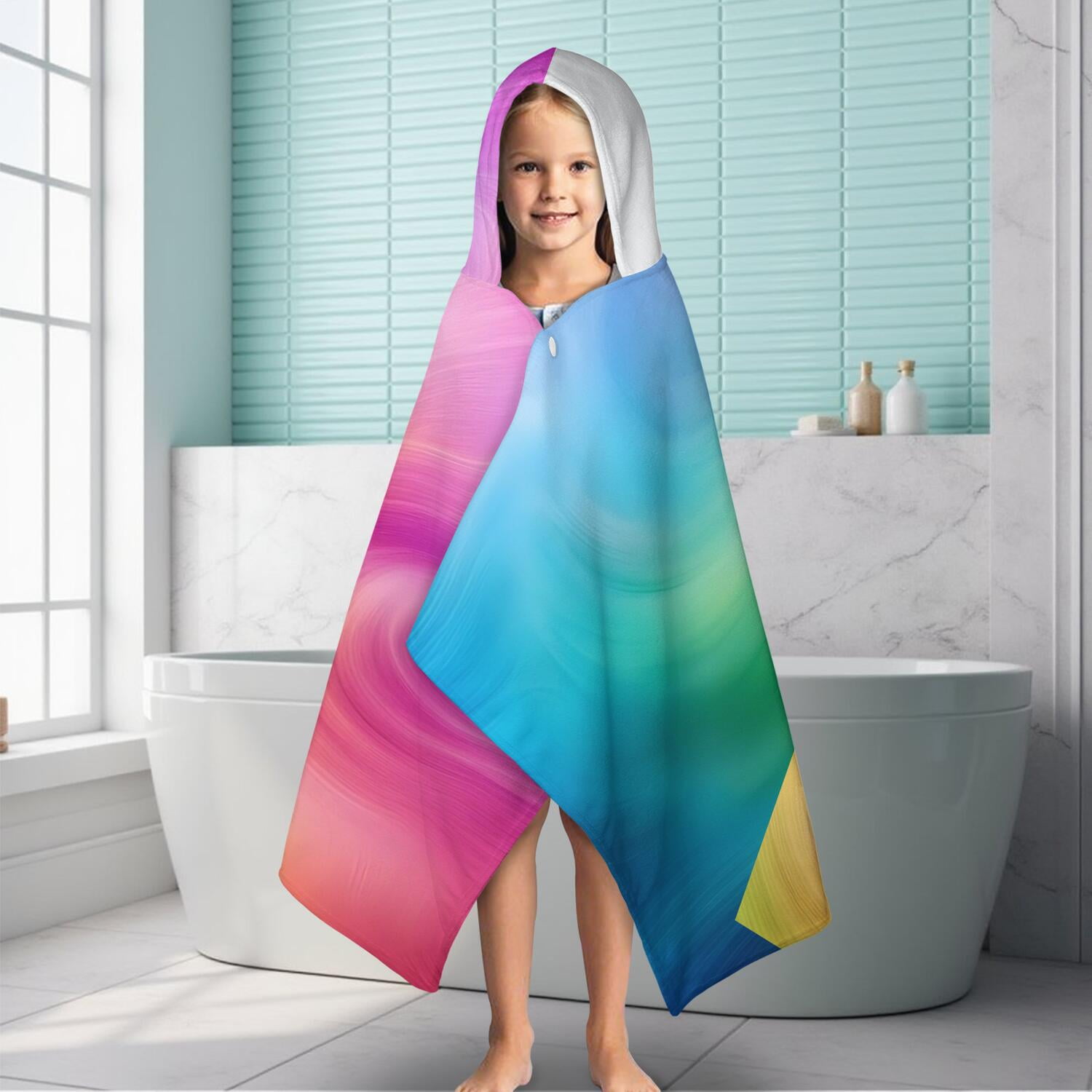 Rainbow Tie Dye Swirl Pattern Hooded Bath Towel，60"x35" for Ages 3 To 12 Kids, Quick Dry Lightweight Soft Microfiber Hood Beach Towel Cover Up for Kids
