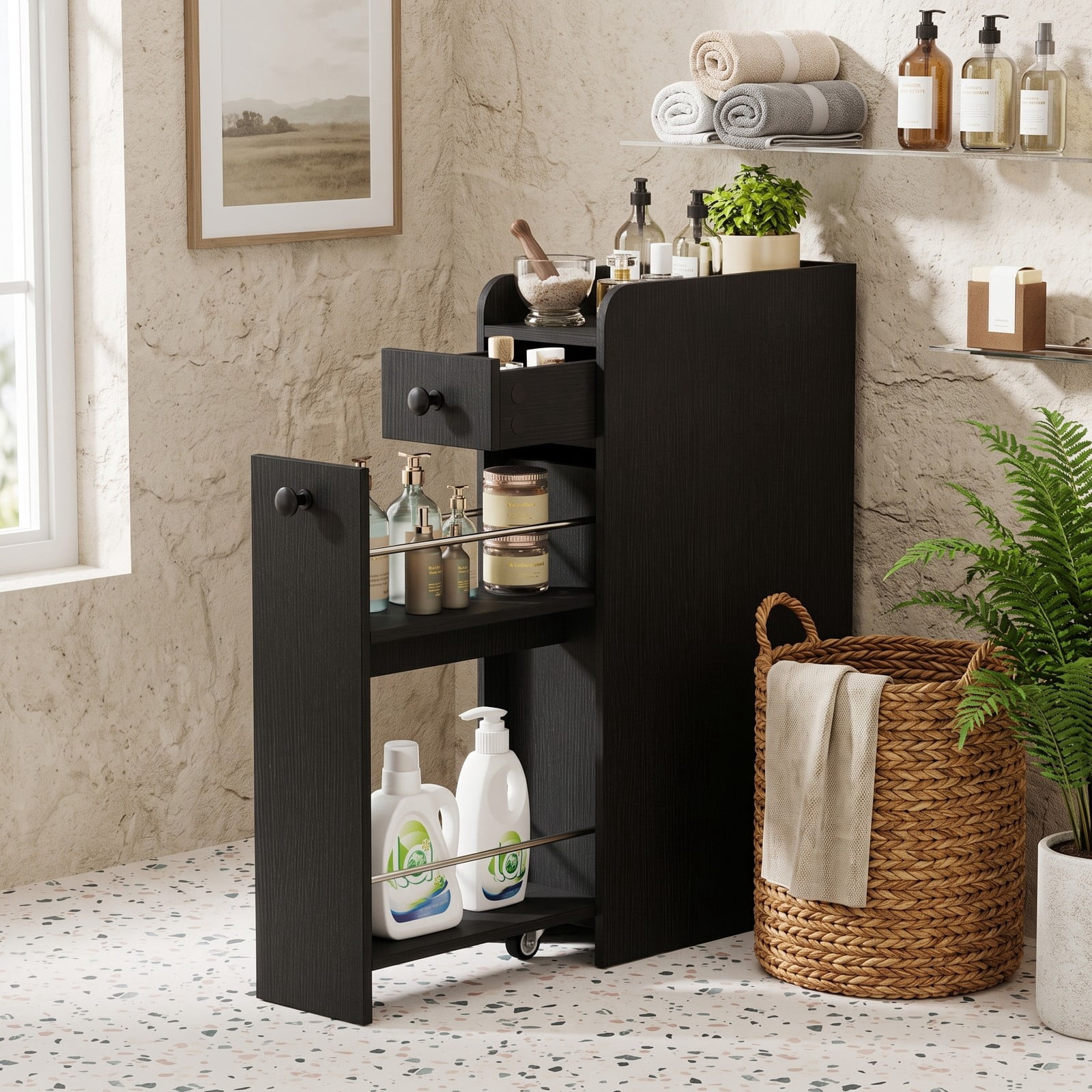 Fenbeli Small Bathroom Storage Cabinet, 4-Tier Slim Narrow Organizer Tower with 3 Slide-Out Drawers on Casters, Freestanding Rolling Storage for Bathroom, Black