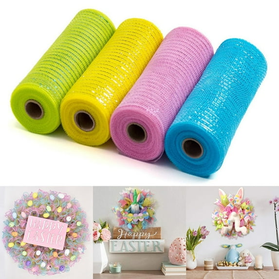 4-Pack Deco Poly Mesh Ribbon, 10 in x 30 ft Multi-Colored Mesh Rolls for Wreaths, Metallic Foil Red/Green/Yellow//Purple/Blue/White for Garland Crafting, Gift Baskets, and Easter/Halloween Decorating