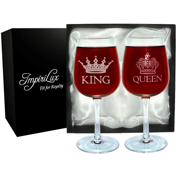 ImpiriLux King and Queen Wine Glass Set | Beautiful Gift for Newlyweds, Engagements, Anniversaries, Weddings, Parents, Couples, Christmas - Novelty Drinking Glassware