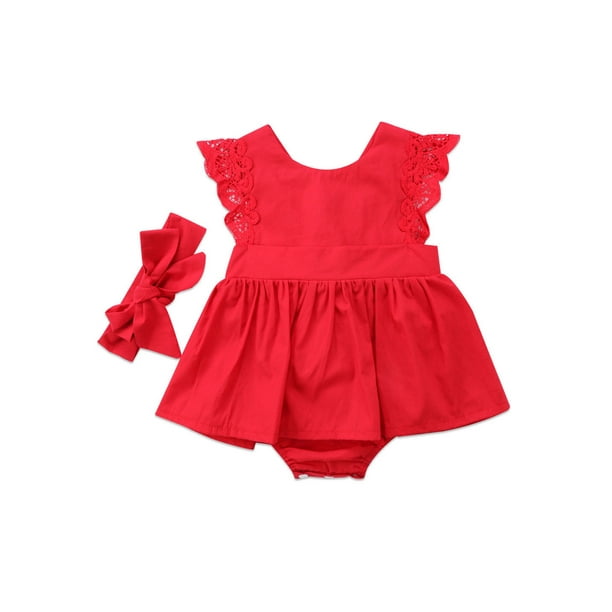 Toddler Baby Girl Red Clothes Lace Sleeve Cross Back Romper Dress with