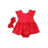 Toddler Baby Girl Red Clothes Lace Sleeve Cross Back Romper Dress with Headband Summer Outfit
