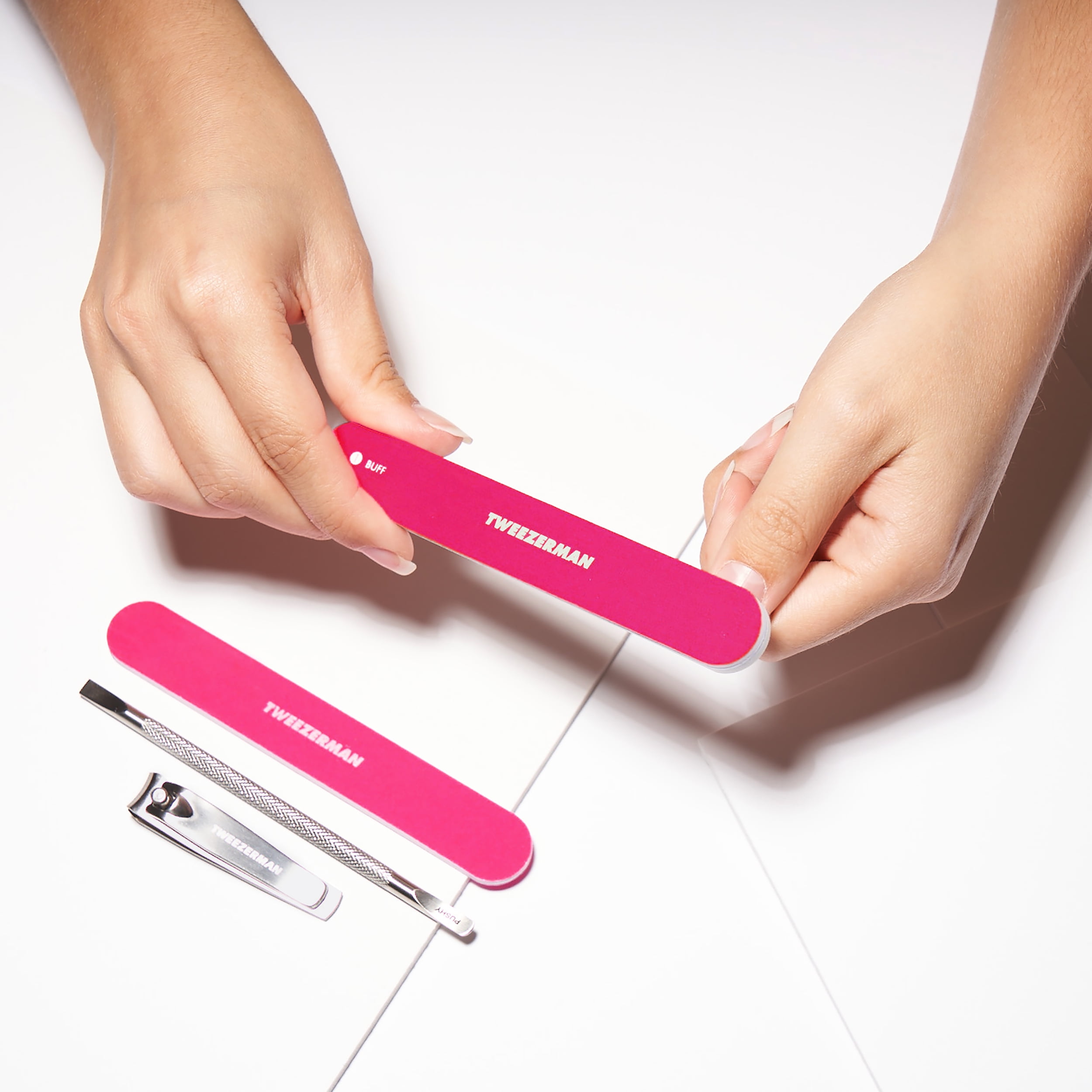 Tweezerman Ultimate Neon Pink Manicure Set Includes a Nail Pushy, Clipper, Buffer and File