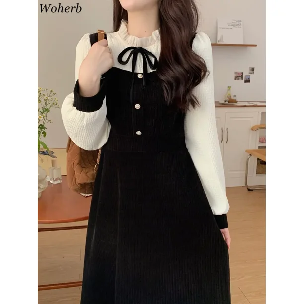 Woherb-vestido elegante para Mujer, Túnica De retales De punto, Vestidos acampanados negros, manga larga, 2024