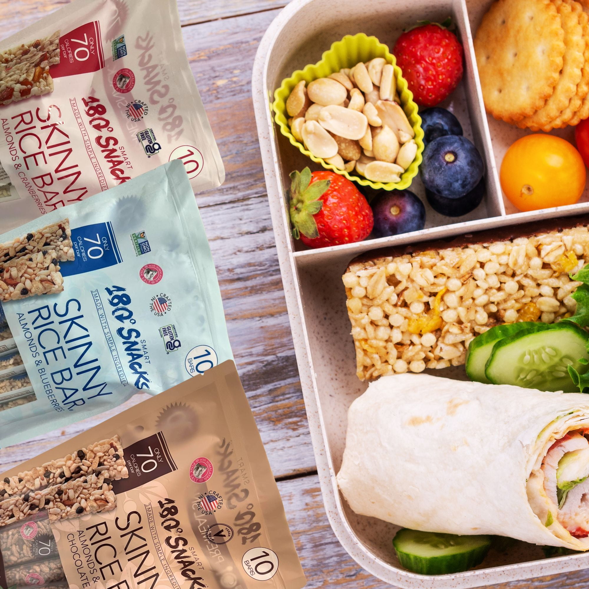 180 Snacks Skinny Rice Bar Variety Pack of 3, 30 Total Low Calorie Gluten Free Snack Bars, Almond and Cranberries Chocolate Chips Blueberries