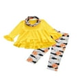 thumbnail image 1 of PENGXIANG 3Pcs Kids Halloween Tracksuit Ruffle Long Sleeve Dress Top+Pumpkin Legging Pant Set with Scarf 3Pcs Outfit, 1 of 9