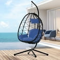 thumbnail image 4 of Swing Egg Chair, Wicker Hanging Chair with Stand and Cushion, Heavy Duty Frame, for Indoor/Outdoor, Patio, Poolside, Balcony, Bedroom, 300 lbs Capacity, Navy, D6525, 4 of 9