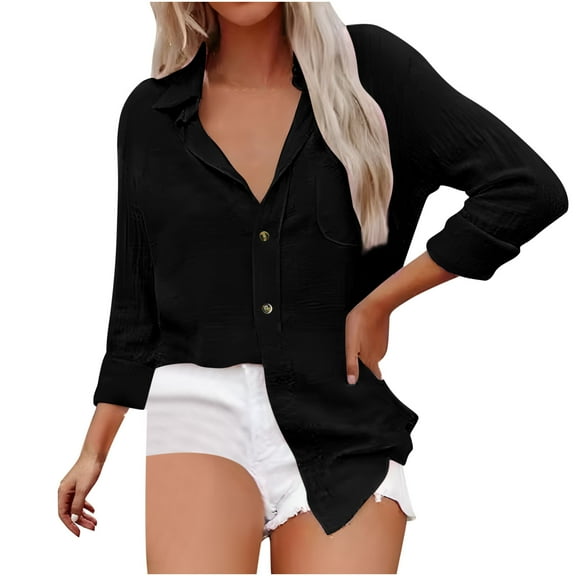 TKLPEHG Womens Dressy Tops Lapel Button Shirts Lightweight Casual Comfy Classic Solid Color Loose Fashion Long Sleeve Blouses (Black,L)