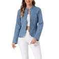 thumbnail image 1 of Blazer de mezclilla INSPIRE CHIC para mujer, con frente abierto, cuello de pie, chaqueta de jeans, XS, azul claro, 1 of 6