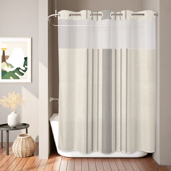 Simple Gray Striped Shower Curtain, Abstract Brown Linen Texture Waterproof No Hooks Bath Shower Curtain with See Through Top Window for Bathroom Bathtub 72x84in